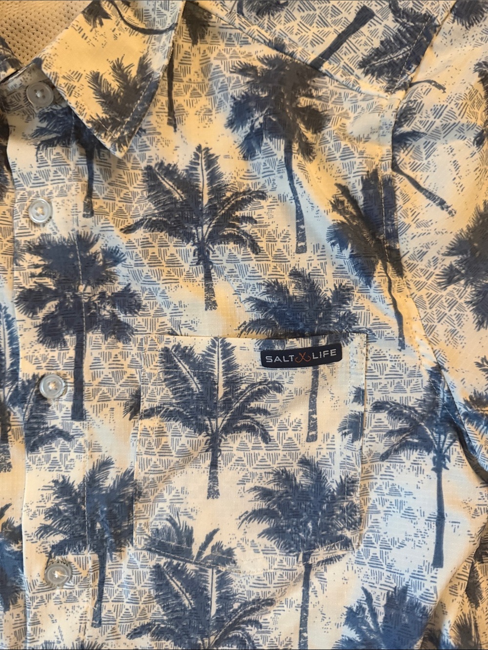 Salt Life Blue/White Palm-Print Short Sleeve Button-Down performance slx Shirt - Picture 4 of 5